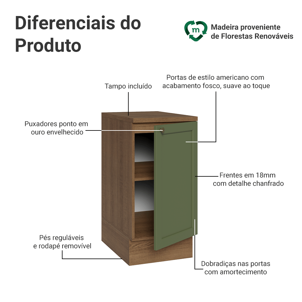 Balcão de Cozinha 40 cm 1 Porta Rustic/Verde Vik Madesa