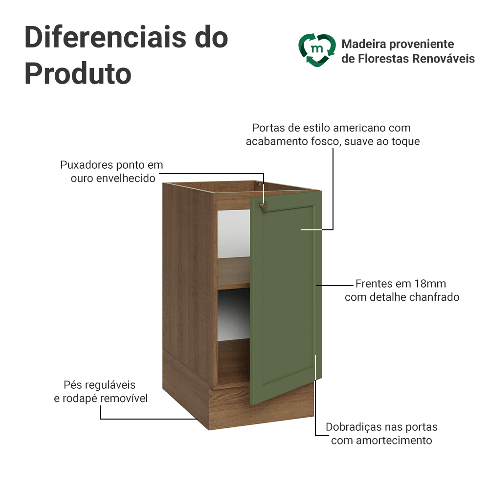 Balcão de Cozinha 40 cm 1 Porta (Sem Tampo) Rustic/Verde Vik Madesa