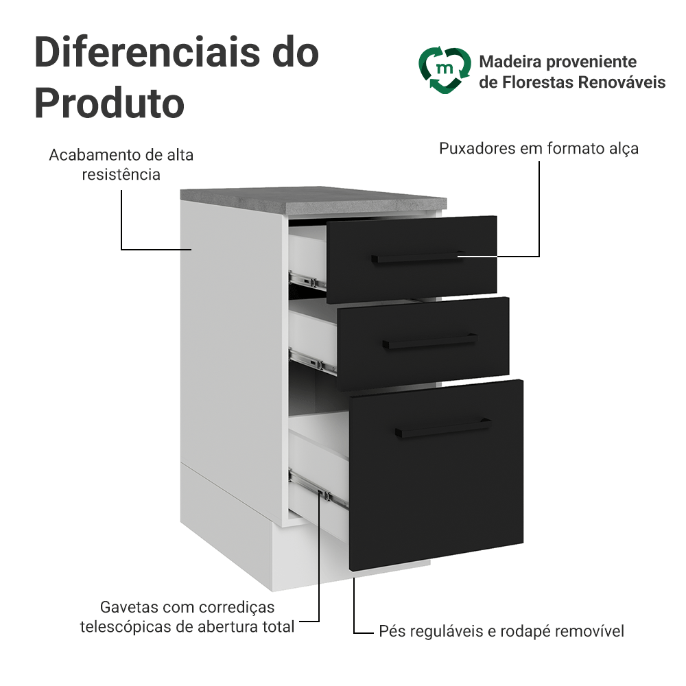 Balcão Madesa Agata 40 cm 3 Gavetas Branco/Preto