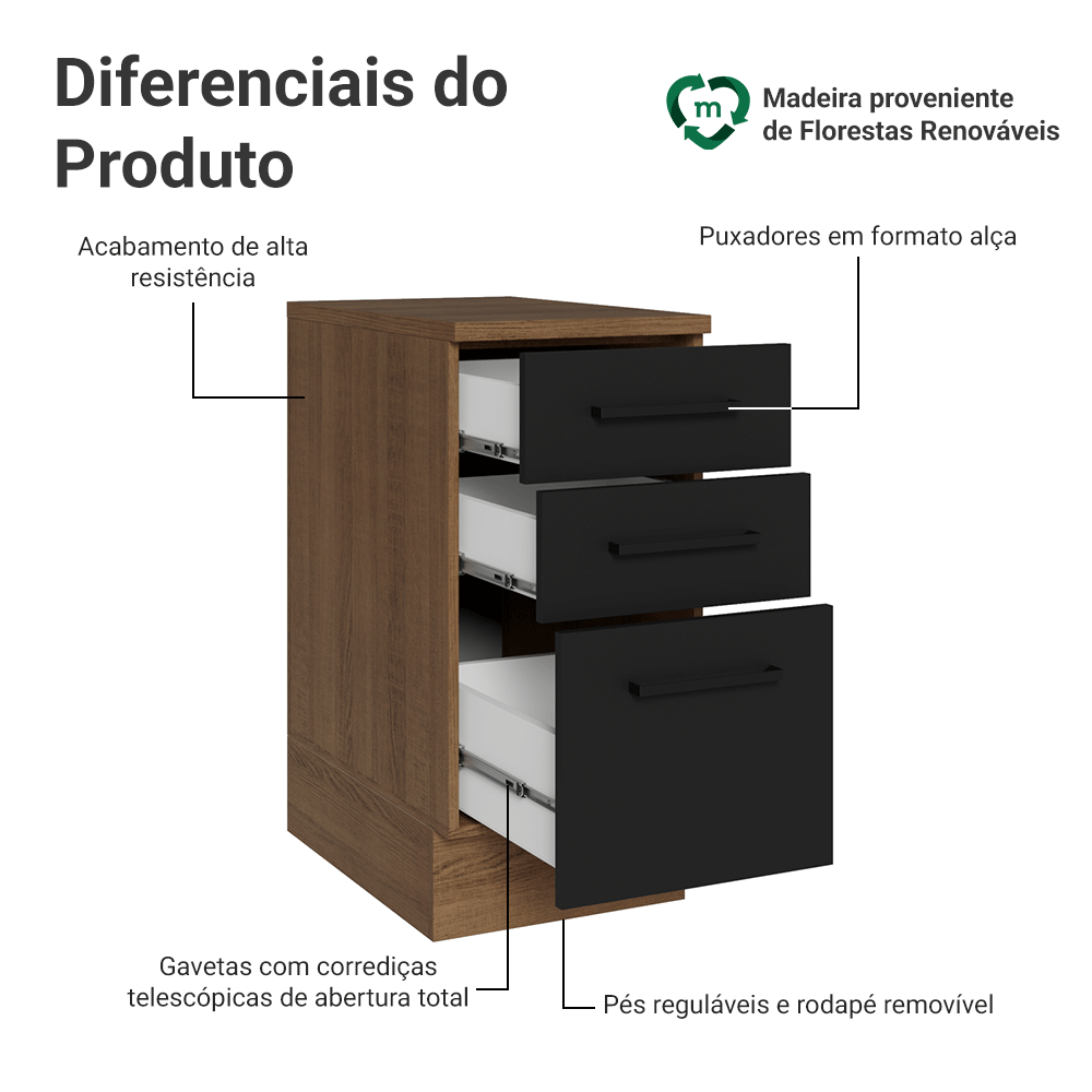 Balcão Madesa Agata 40 cm 3 Gavetas Rustic/Preto