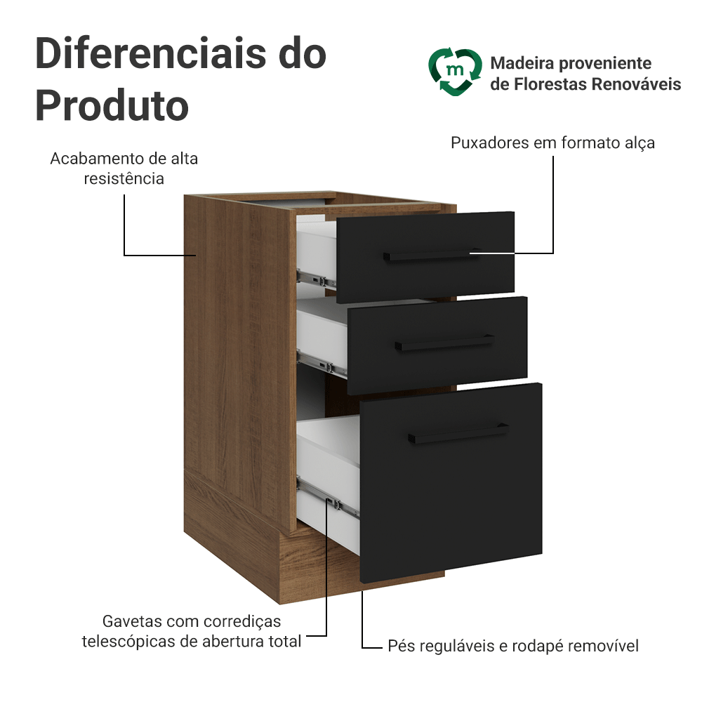 Balcão de Cozinha 40 cm 3 Gavetas (Sem Tampo) Rustic/Preto Agata Madesa