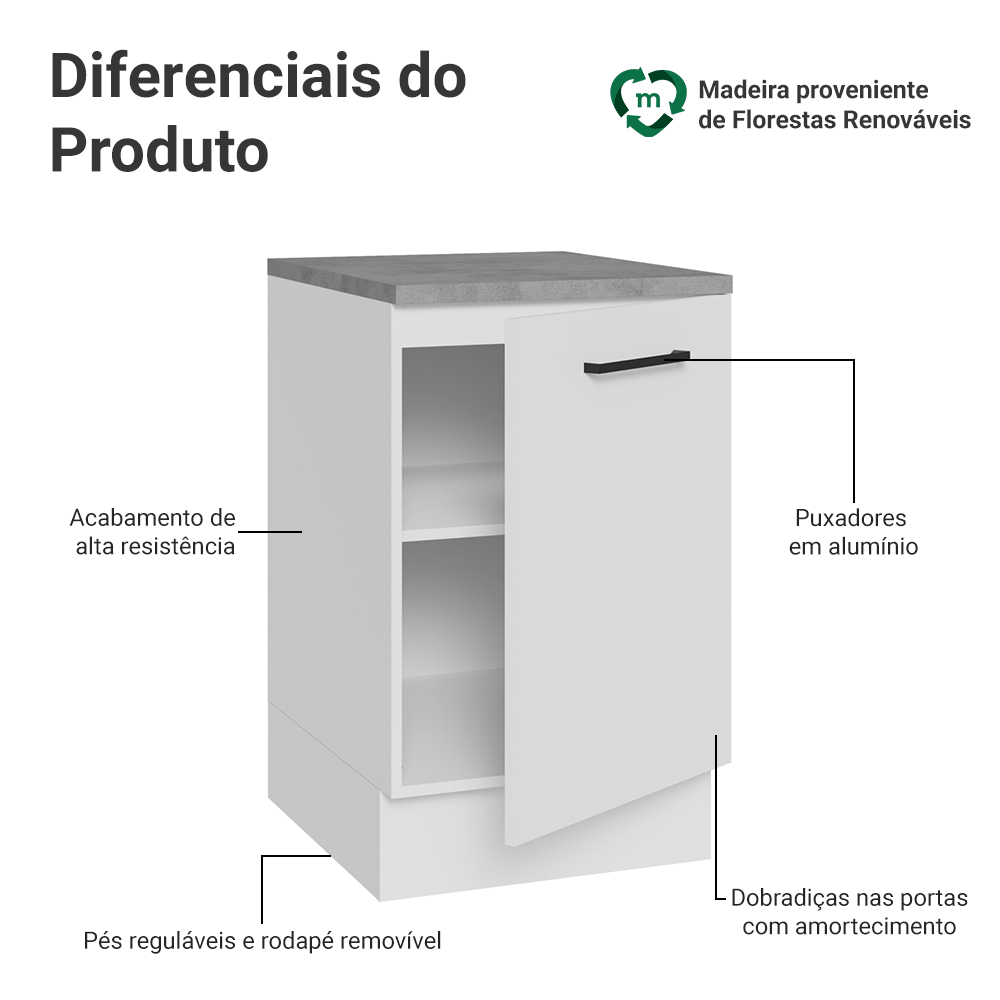 Balcão de Cozinha 50cm 1 Porta Branco Agata Madesa
