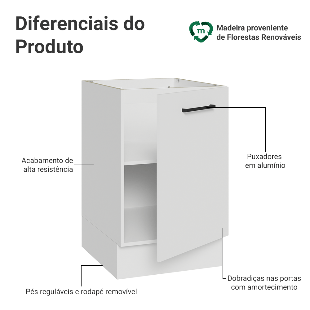 Balcão de Cozinha 50cm 1 Porta (Sem Tampo) Branco Agata Madesa