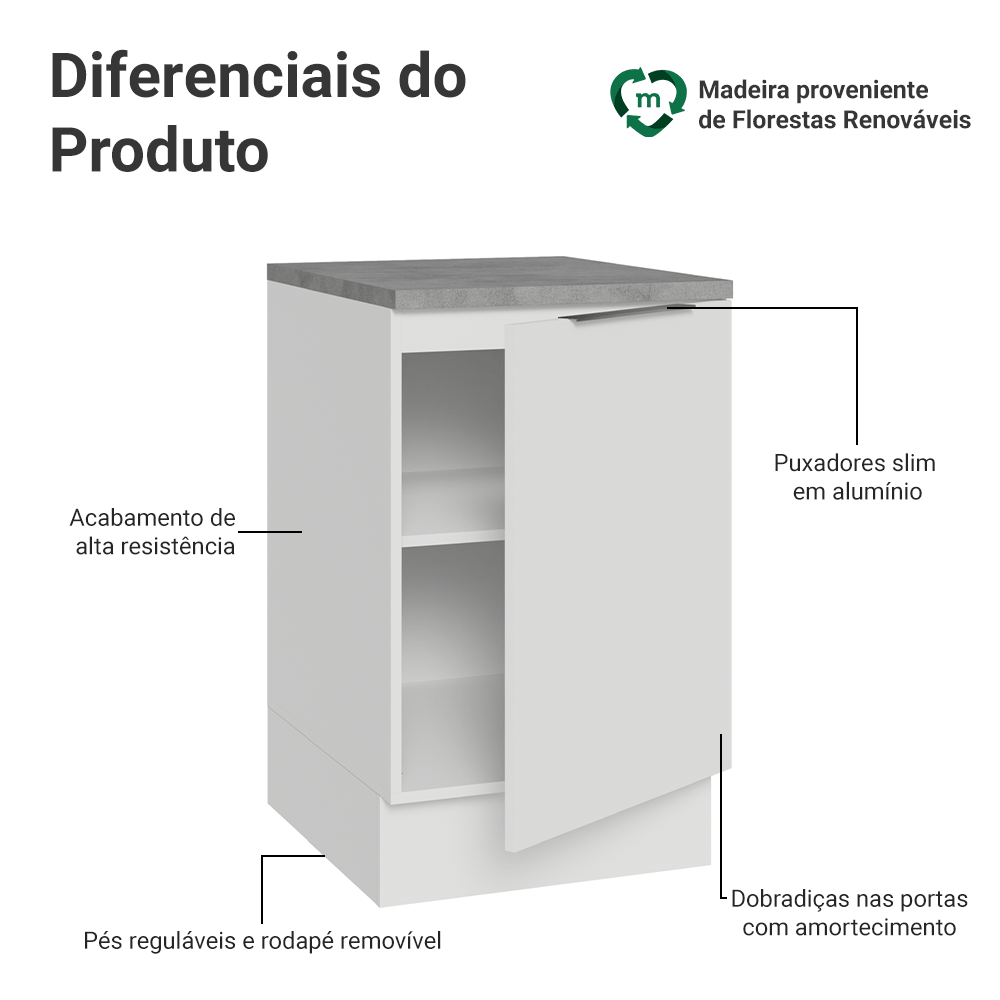 Balcão de Cozinha 50cm 1 Porta Branco Stella Madesa