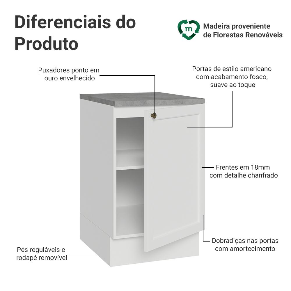 Balcão de Cozinha 50cm 1 Porta Branco Vik Madesa