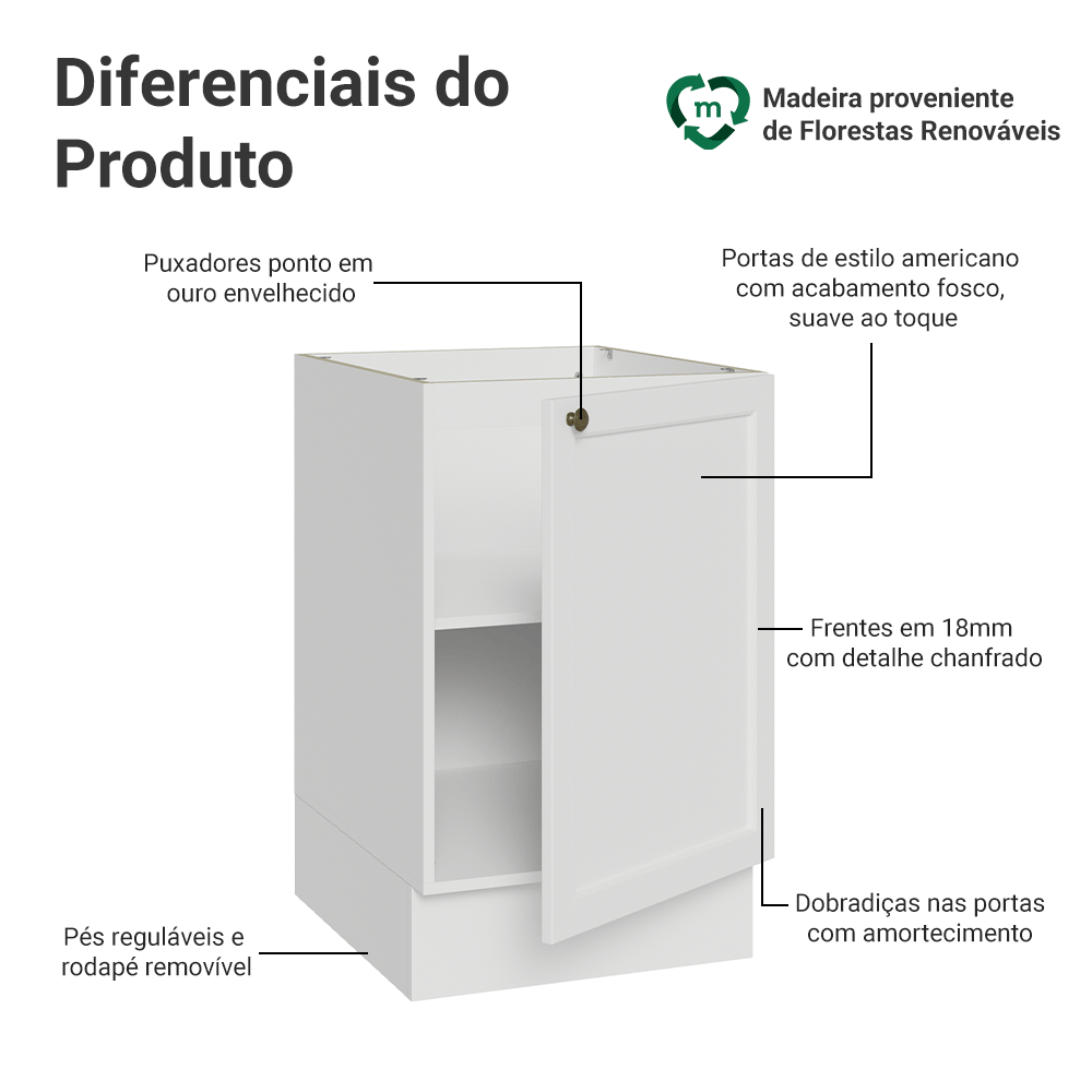 Balcão de Cozinha 50cm 1 Porta (Sem Tampo) Branco Vik Madesa