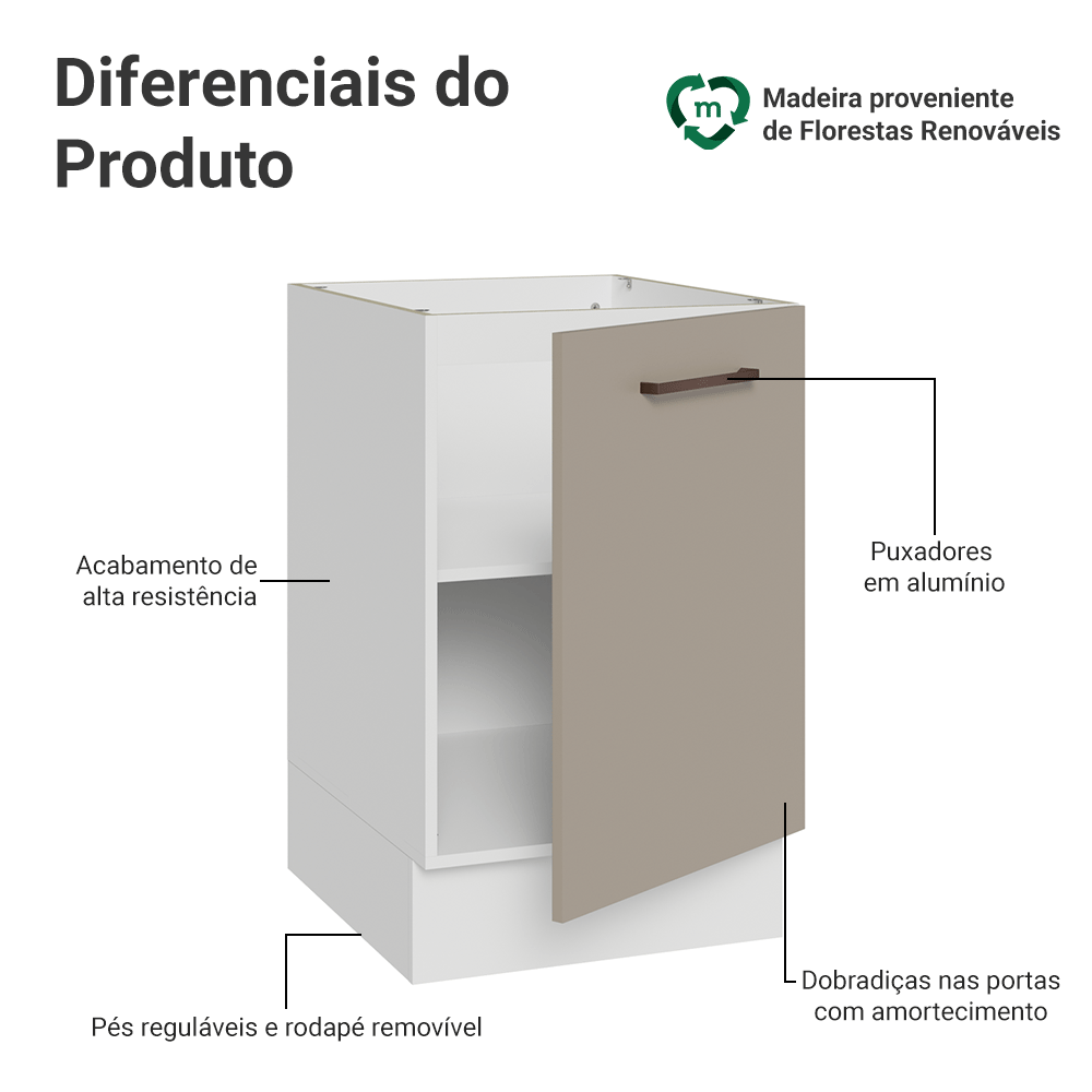 Balcão de Cozinha 50cm 1 Porta (Sem Tampo) Branco/Crema Agata Madesa