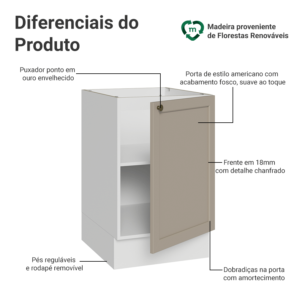 Balcão de Cozinha 50cm 1 Porta (Sem Tampo) Branco/Crema Vik Madesa