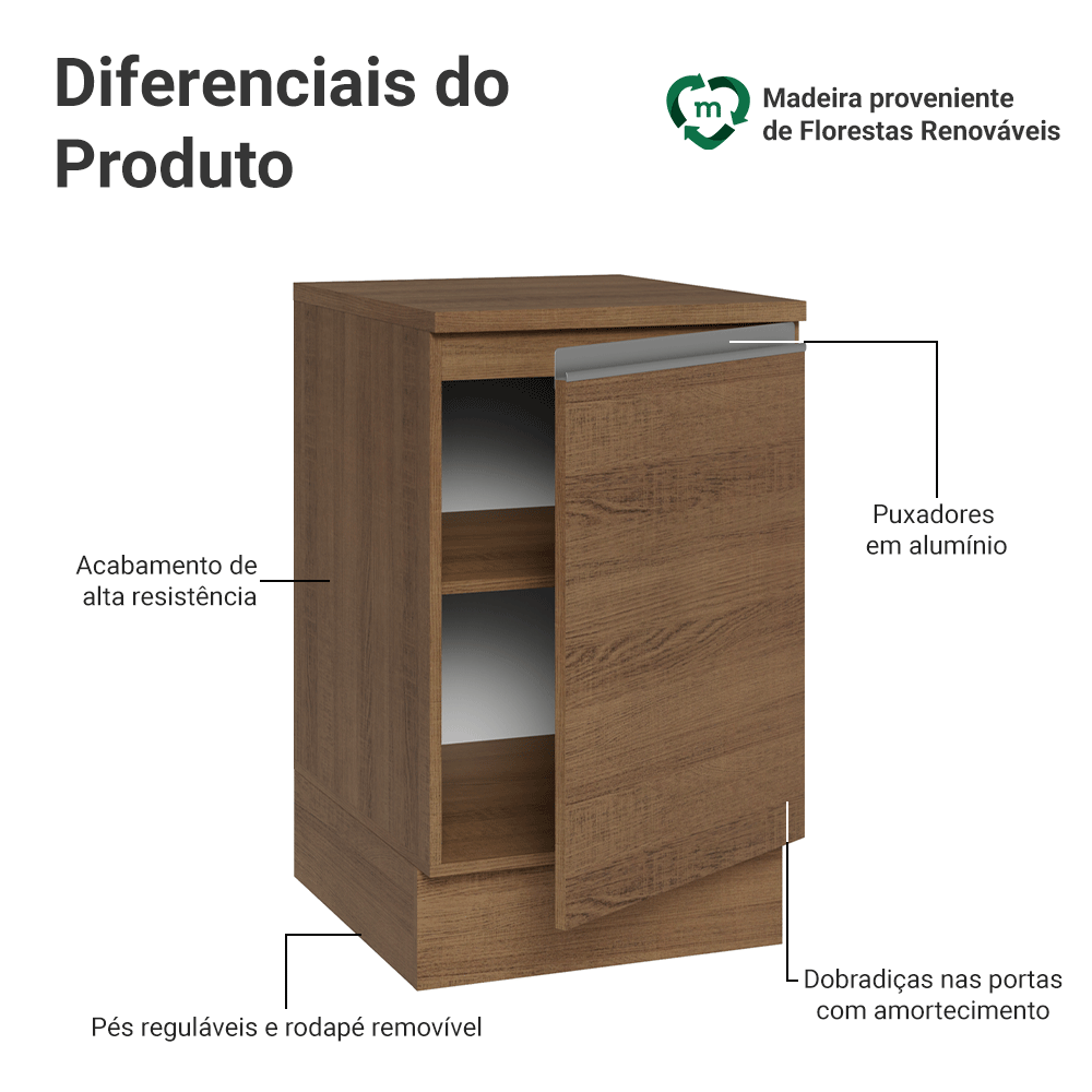 Balcão de Cozinha 50cm 1 Porta Rustic Glamy Madesa
