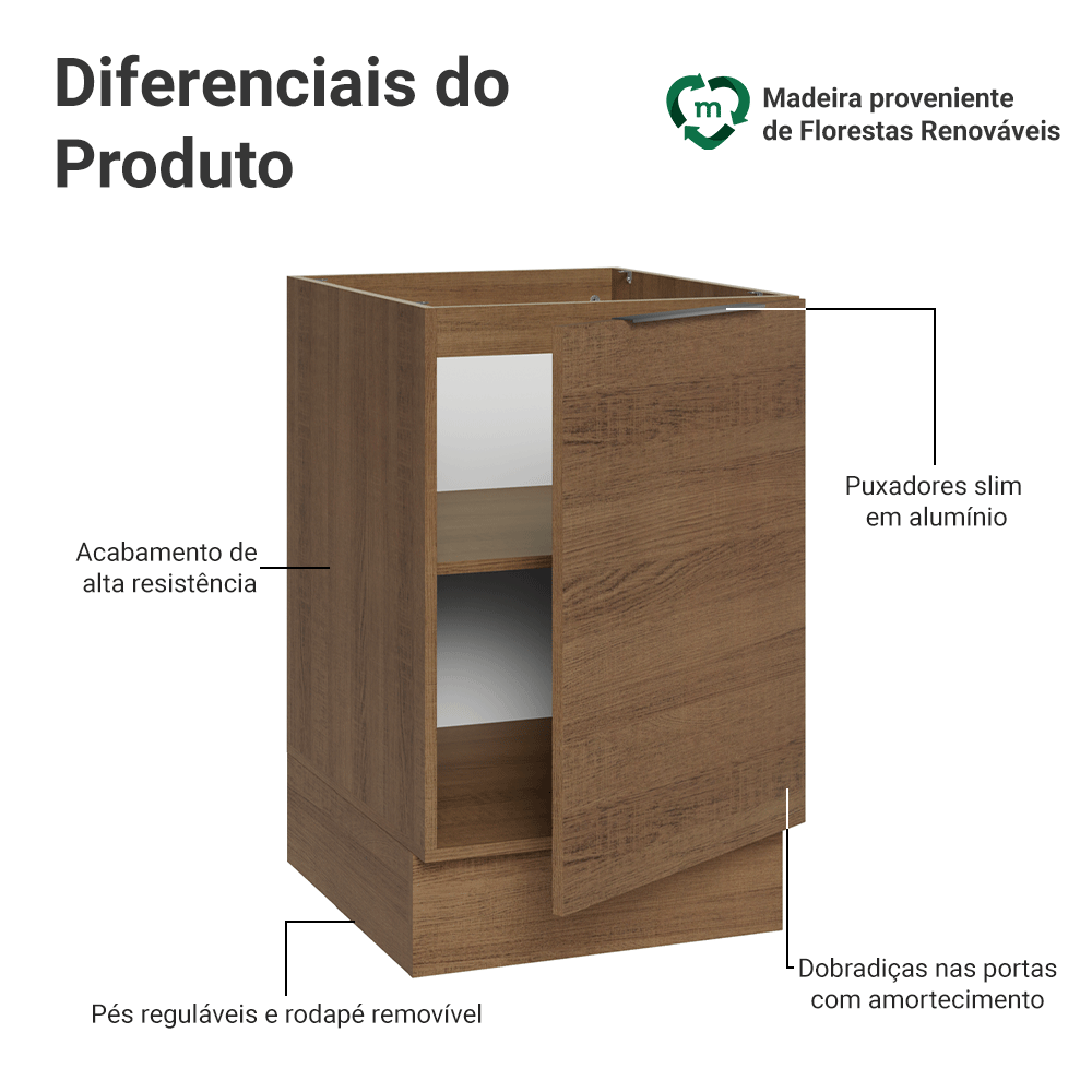 Balcão de Cozinha 50cm 1 Porta (Sem Tampo) Rustic Stella Madesa