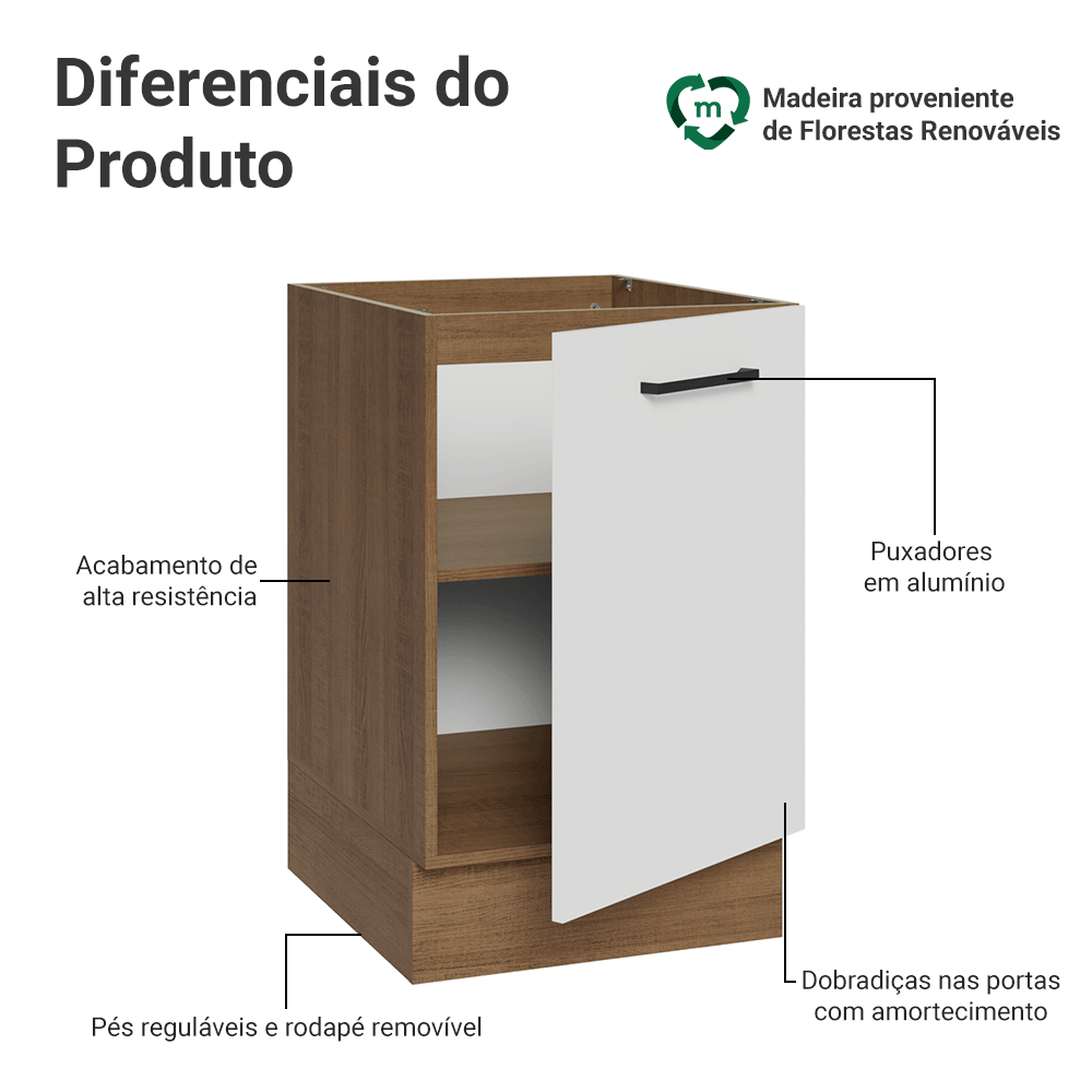 Balcão de Cozinha 50cm 1 Porta (Sem Tampo) Rustic/Branco Agata Madesa