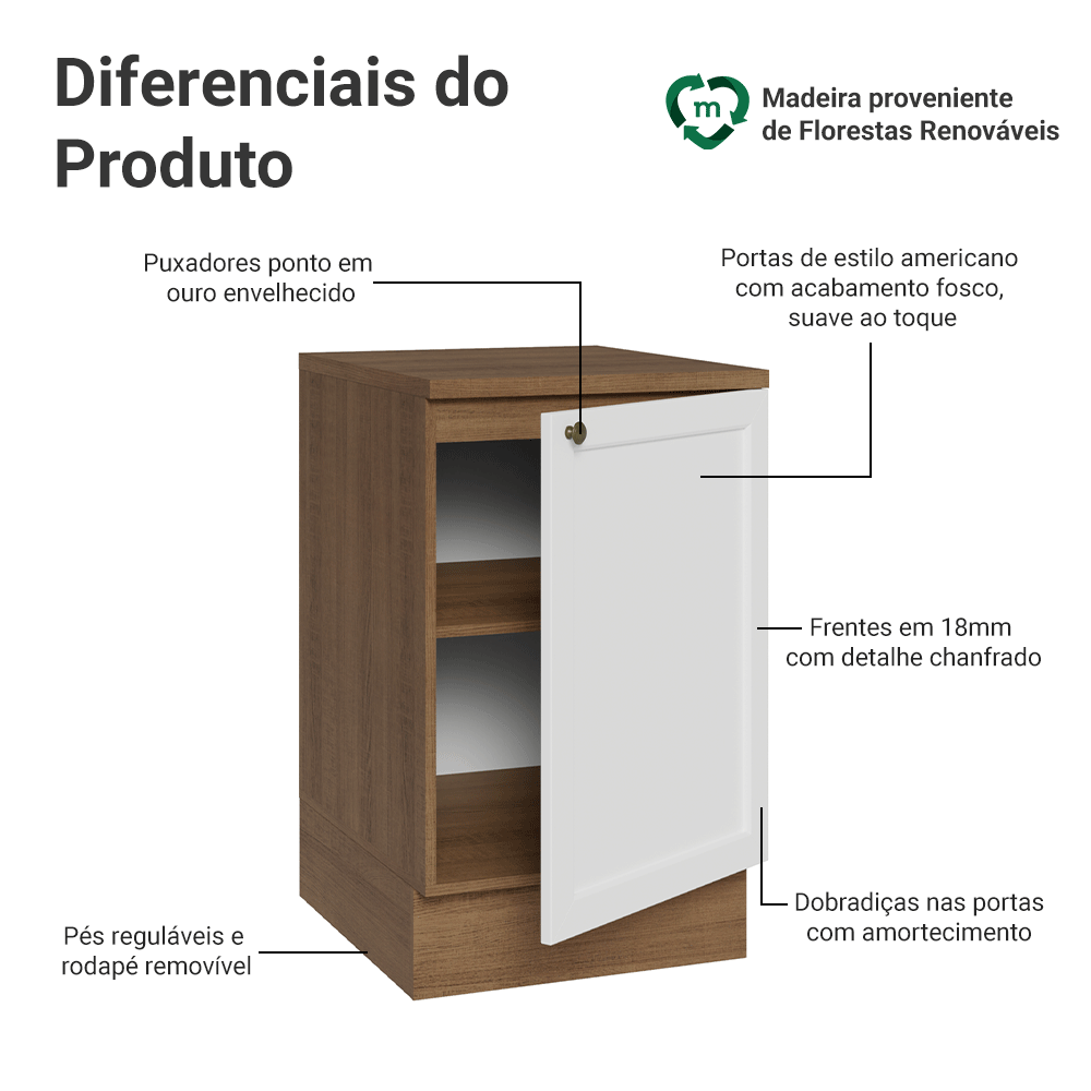 Balcão de Cozinha 50cm 1 Porta Rustic/Branco Vik Madesa