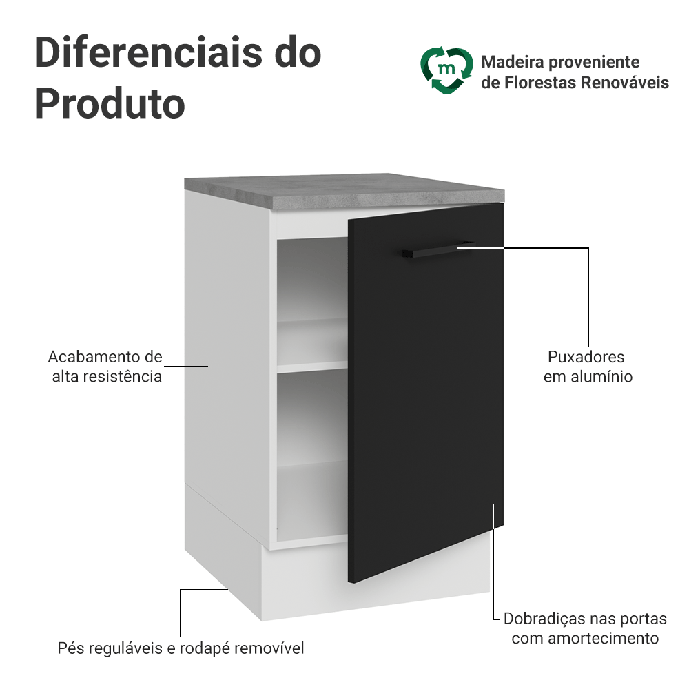 Balcão de Cozinha 50cm 1 Porta Branco/Preto Agata Madesa