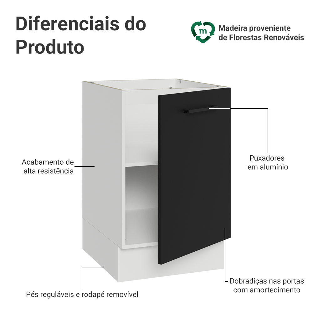Balcão de Cozinha 50cm 1 Porta (Sem Tampo) Branco/Preto Agata Madesa