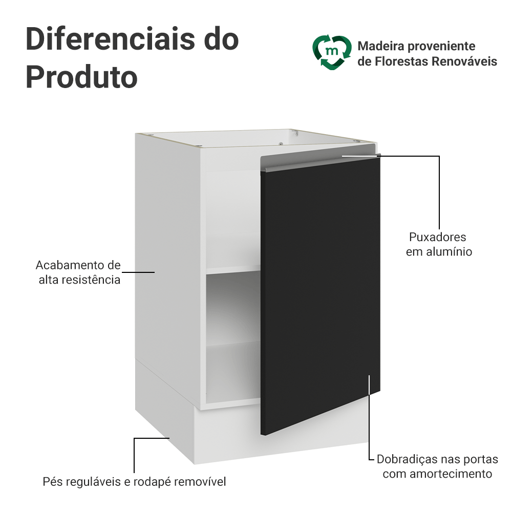 Balcão de Cozinha 50cm 1 Porta (Sem Tampo) Branco/Preto Glamy Madesa