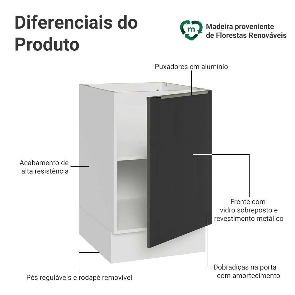 Balcão de Cozinha 50 cm 1 Porta (Sem Tampo) Branco/Preto Lux Madesa