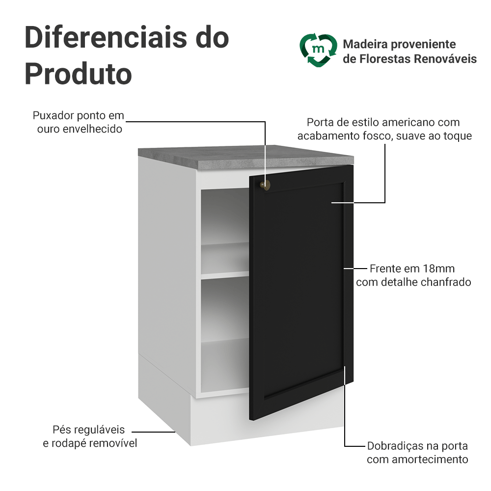 Balcão de Cozinha 50cm 1 Porta Branco/Preto Vik Madesa