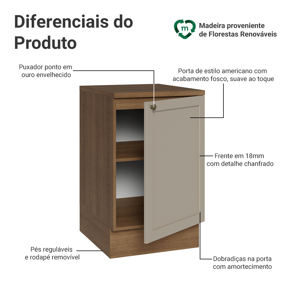 Balcão de Cozinha 50cm 1 Porta (Com Tampo) Rustic/Crema Vik Madesa
