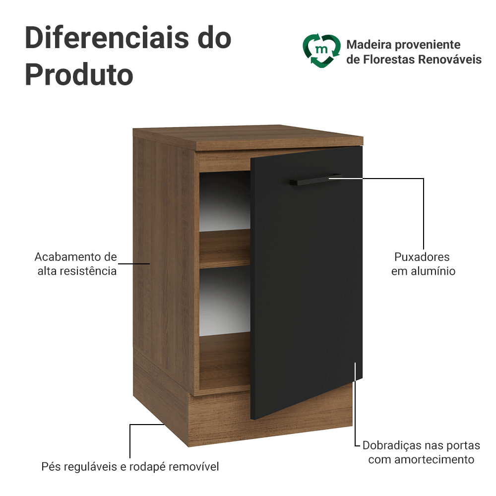 Balcão de Cozinha 50cm 1 Porta Rustic/Preto Agata Madesa