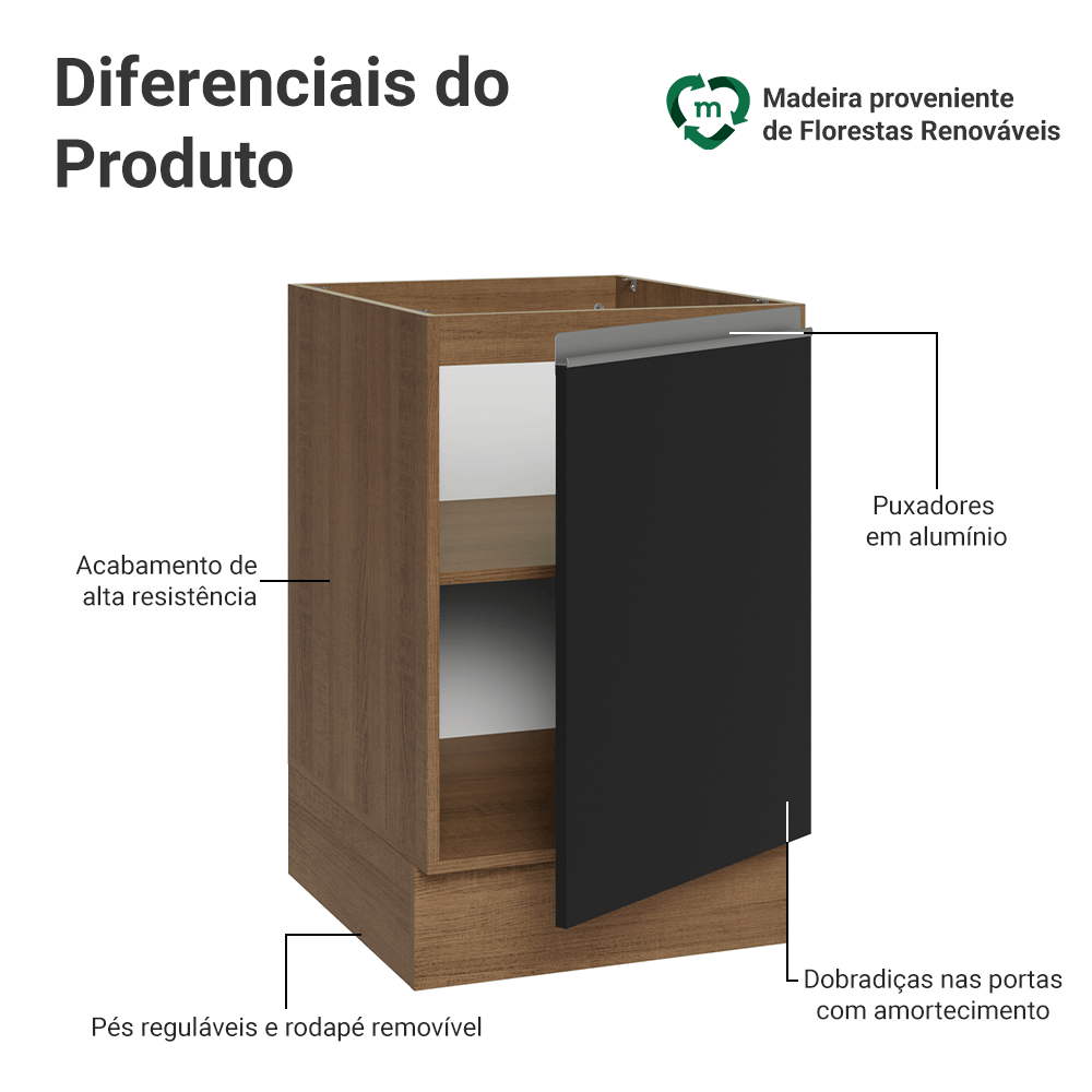 Balcão de Cozinha 50cm 1 Porta (Sem Tampo) Rustic/Preto Glamy Madesa