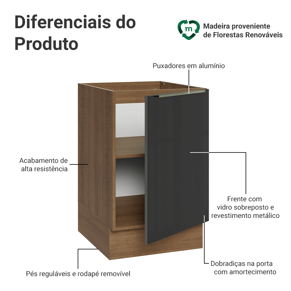 Balcão de Cozinha 50 cm 1 Porta (Sem Tampo) Rustic/Preto Lux Madesa