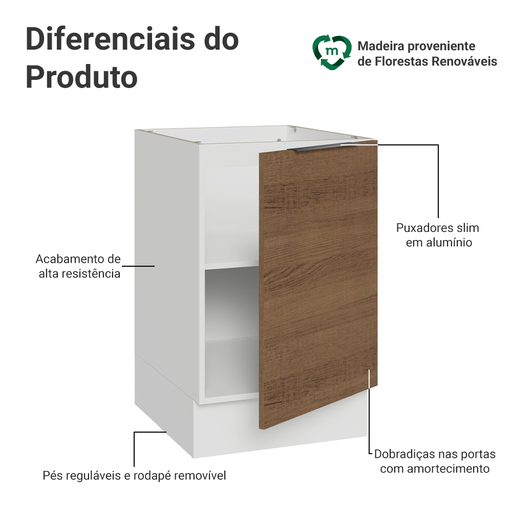 Balcão de Cozinha 50cm 1 Porta (Sem Tampo) Branco/Rustic Stella Madesa