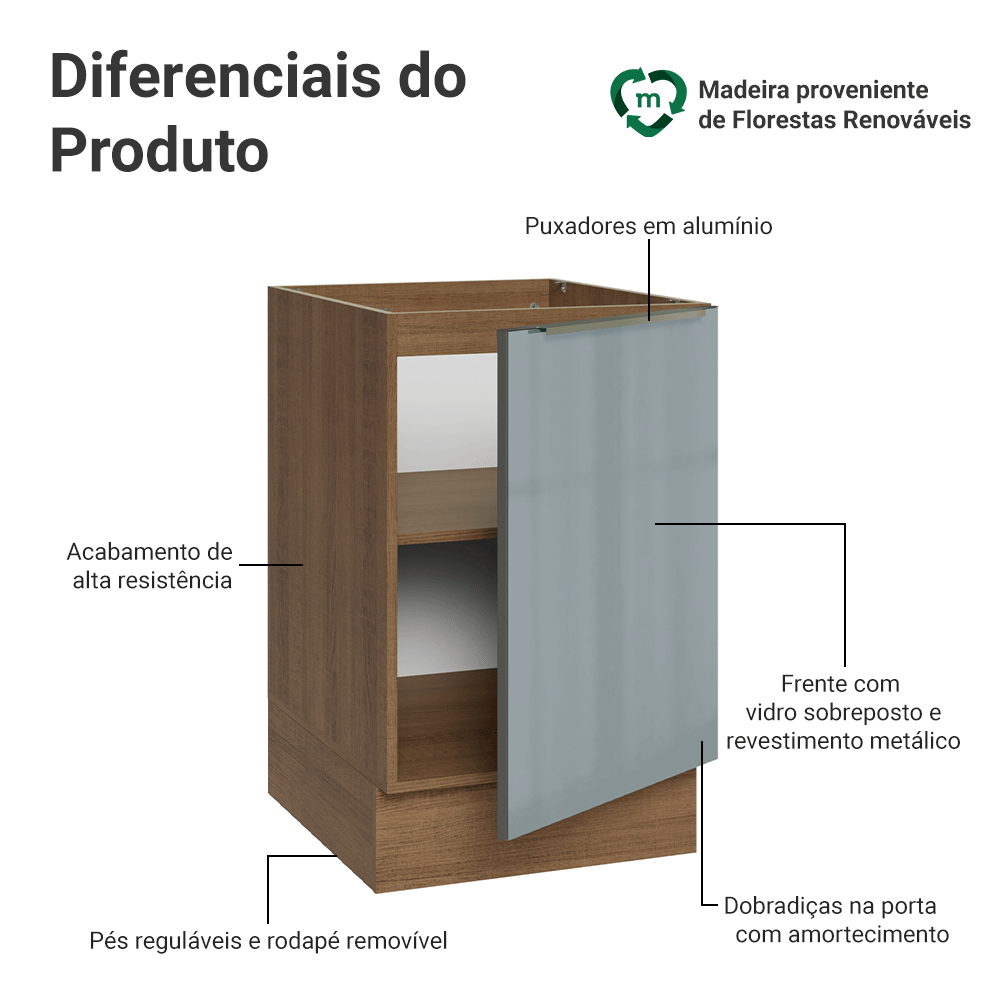 Balcão de Cozinha 50 cm 1 Porta (Sem Tampo) Rustic/Cinza Lux Madesa