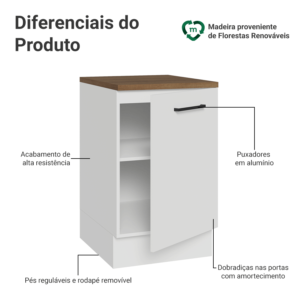 Balcão de Cozinha 50cm 1 Porta Branco Tampo Rustic Agata Madesa