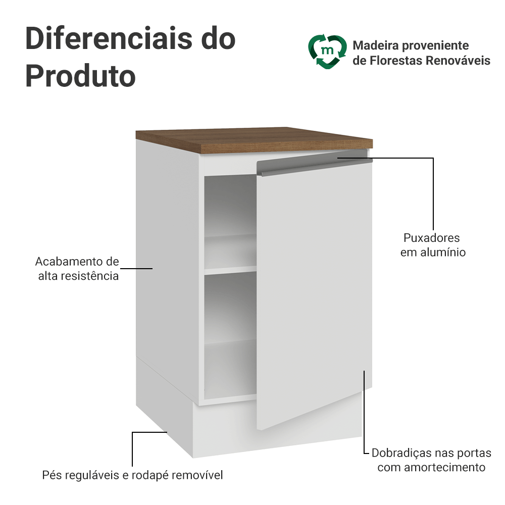 Balcão de Cozinha 50cm 1 Porta Branco Tampo Rustic Glamy Madesa