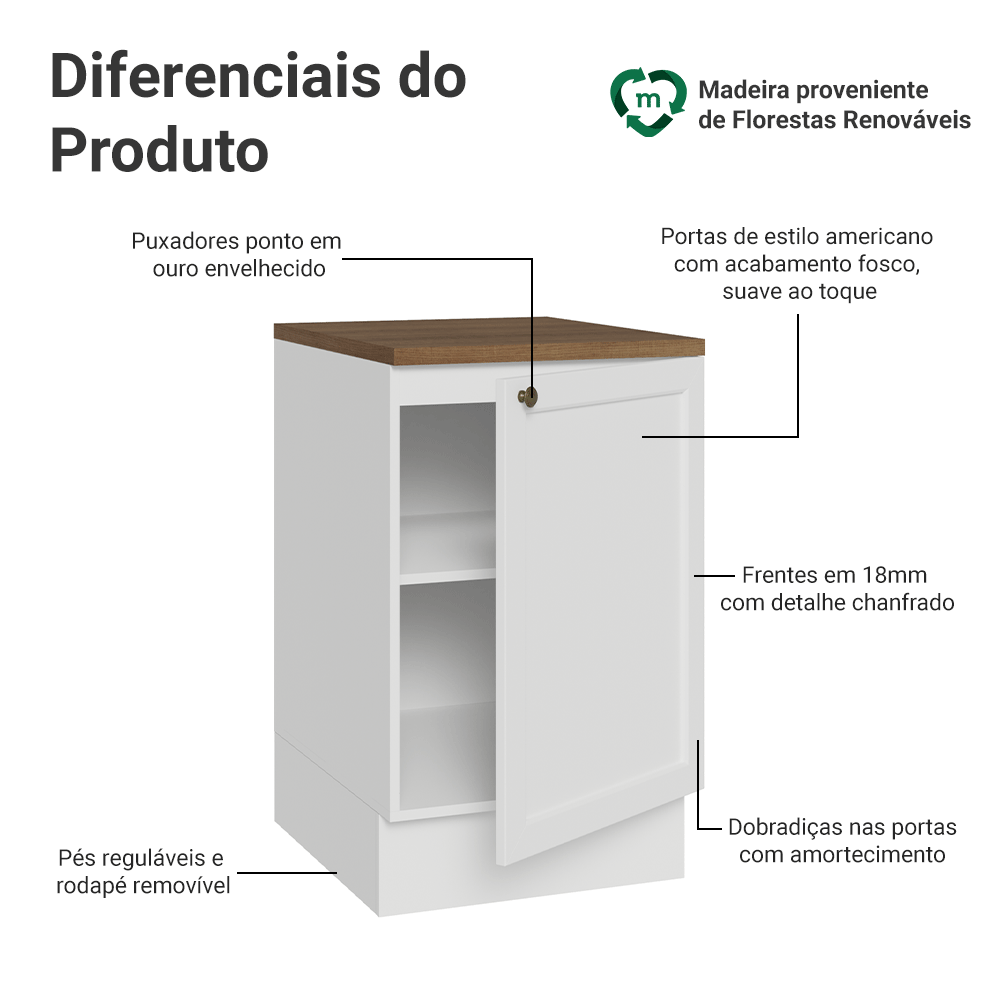 Balcão de Cozinha 50cm 1 Porta Branco Tampo Rustic Vik Madesa