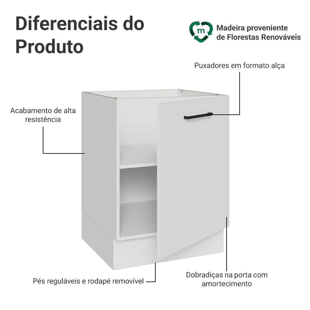 Balcão de Cozinha 60 cm 1 Porta (Sem Tampo) Branco Agata Madesa