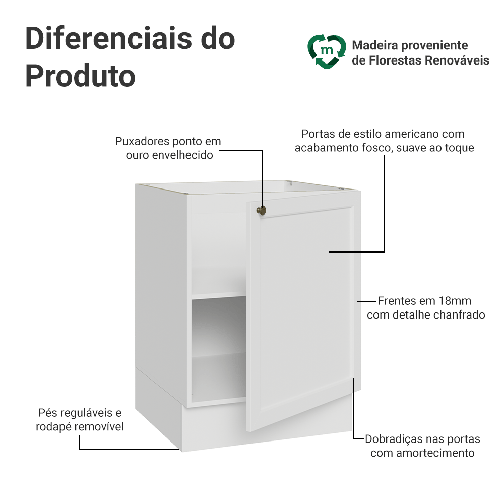 Balcão de Cozinha 60 cm 1 Porta (Sem Tampo) Branco Vik Madesa