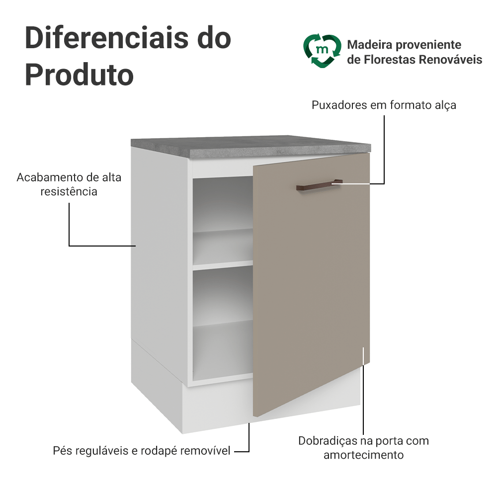 Balcão 60 cm 1 Porta Branco/Crema Agata Madesa