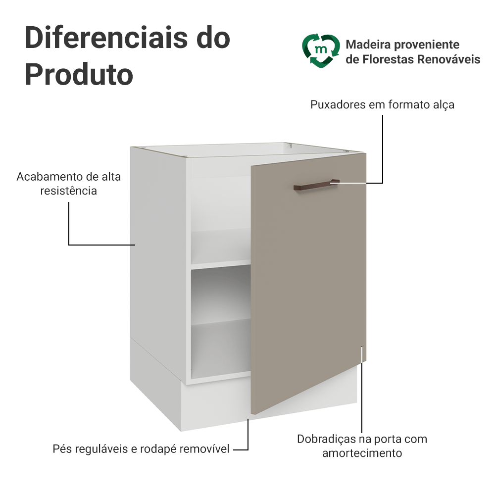 Balcão de Cozinha 60 cm 1 Porta (Sem Tampo) Branco/Crema Agata Madesa