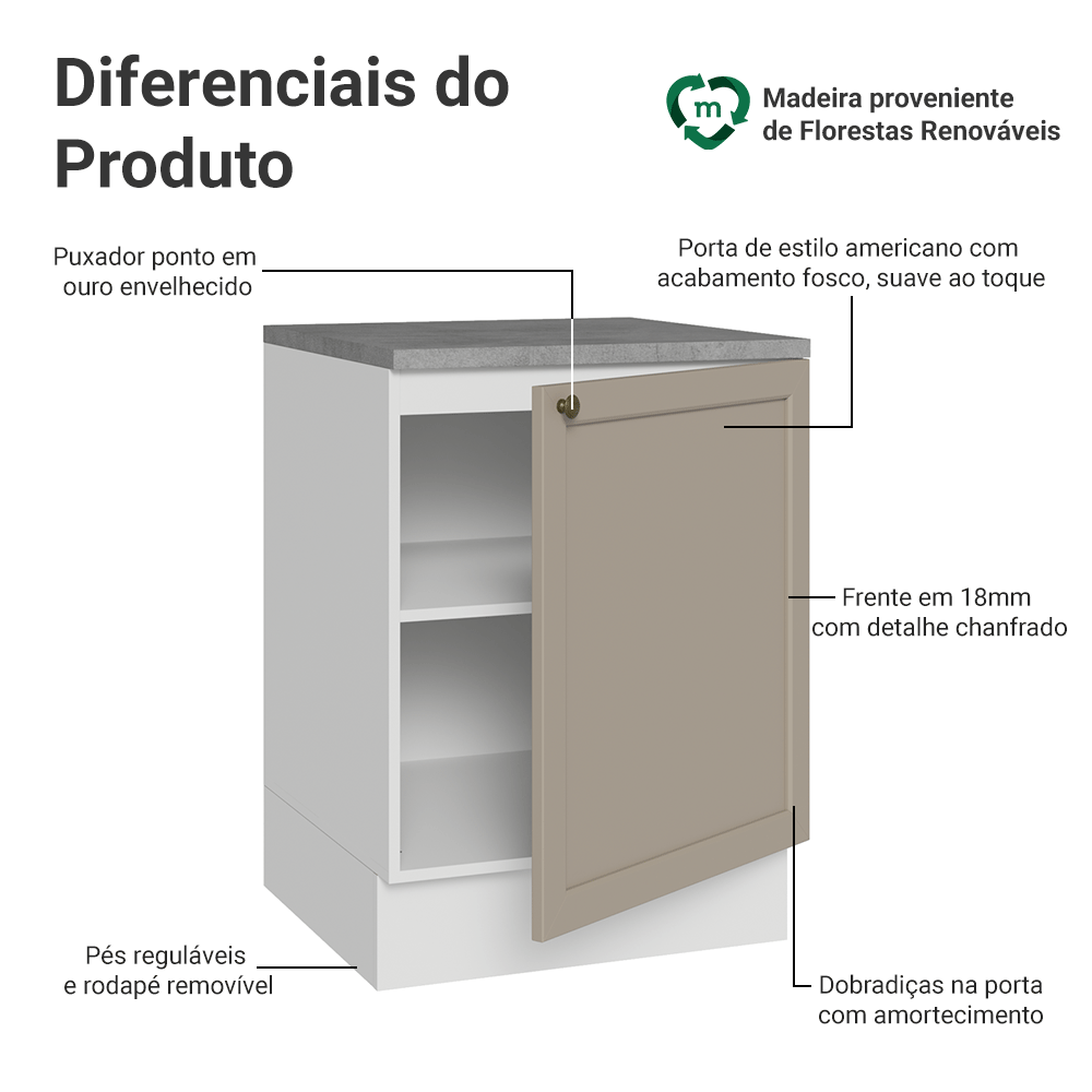 Balcão de Cozinha 60 cm 1 Porta Branco/Crema Vik Madesa