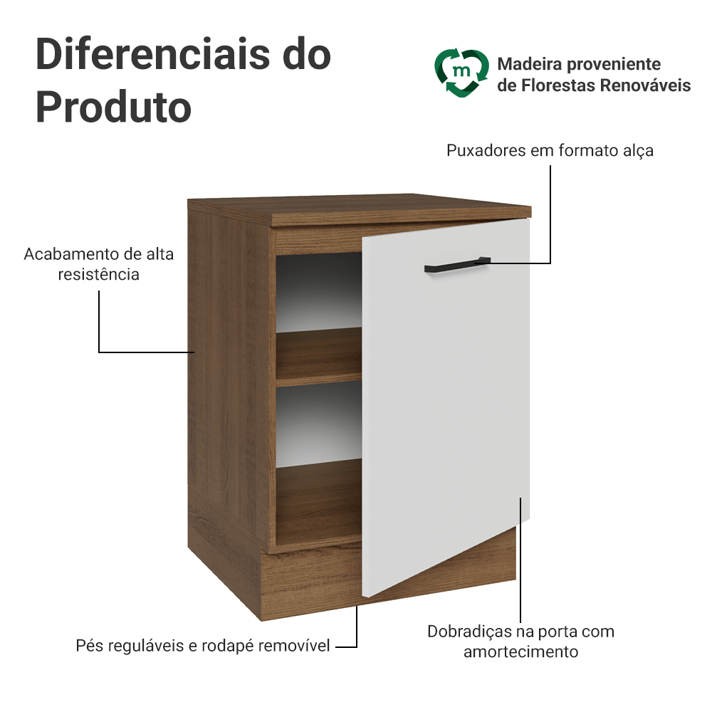 Balcão Madesa Agata 60 cm 1 Porta Rustic/Branco