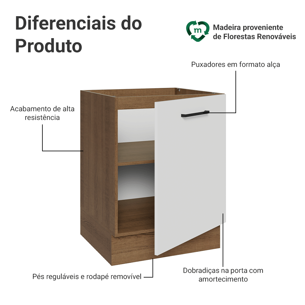 Balcão de Cozinha 60 cm 1 Porta (Sem Tampo) Rustic/Branco Agata Madesa