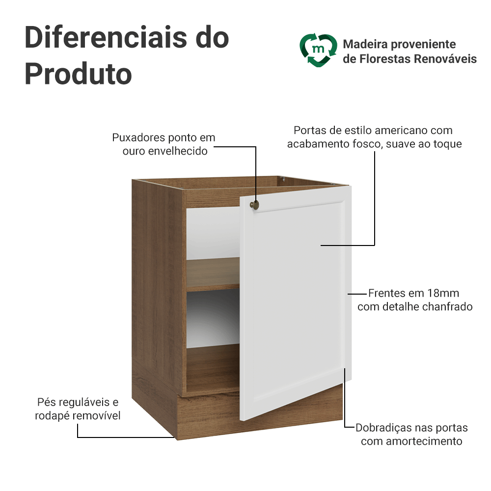 Balcão de Cozinha 60 cm 1 Porta (Sem Tampo) Rustic/Branco Vik Madesa