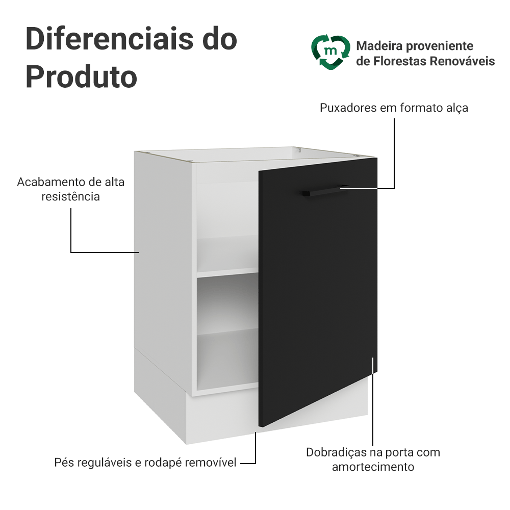 Balcão de Cozinha 60 cm 1 Porta (Sem Tampo) Branco/Preto Agata Madesa