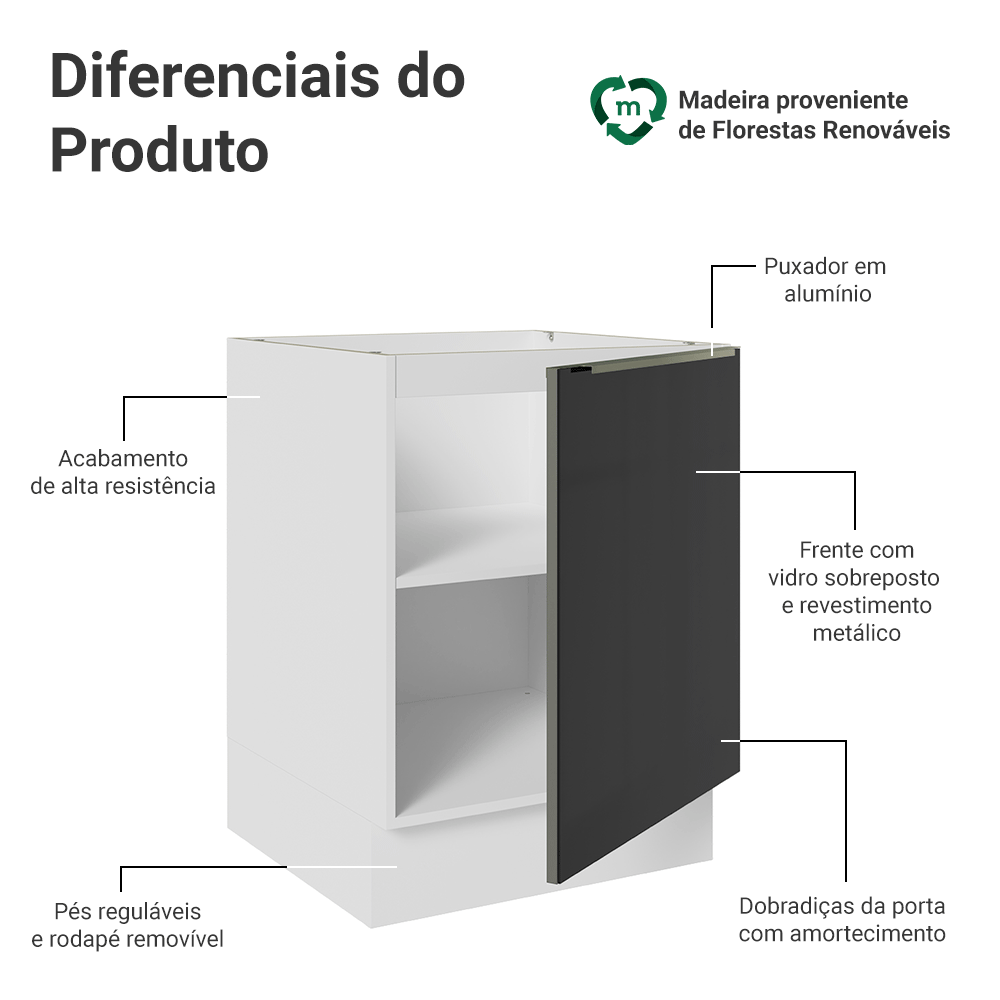 Balcão de Cozinha 60 cm 1 Porta (Sem Tampo) Branco/Preto Lux Madesa