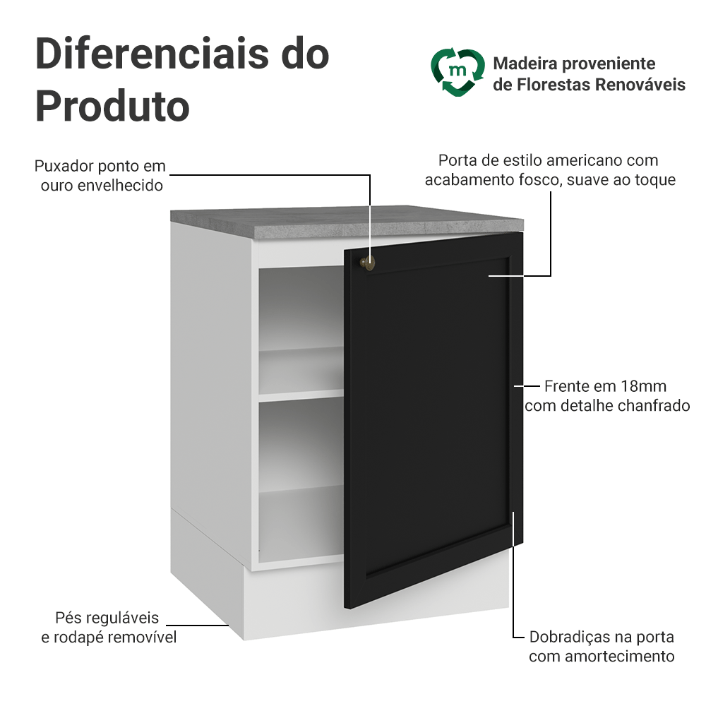 Balcão de Cozinha 60 cm 1 Porta Branco/Preto Vik Madesa
