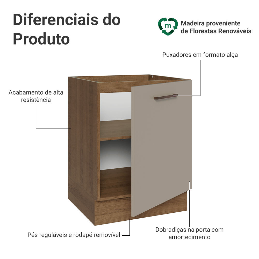 Balcão de Cozinha 60 cm 1 Porta (Sem Tampo) Rustic/Crema Agata Madesa