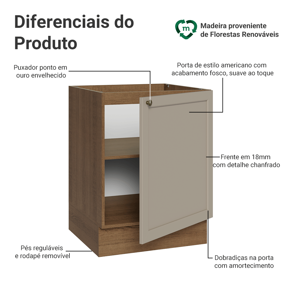 Balcão de Cozinha 60 cm 1 Porta (Sem Tampo) Rustic/Crema Vik Madesa