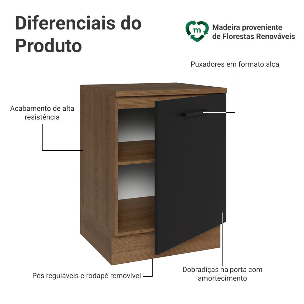 Balcão Madesa Agata 60 cm 1 Porta Rustic/Preto