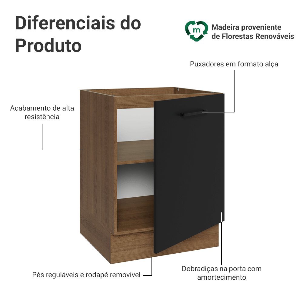 Balcão de Cozinha 60 cm 1 Porta (Sem Tampo) Rustic/Preto Agata Madesa