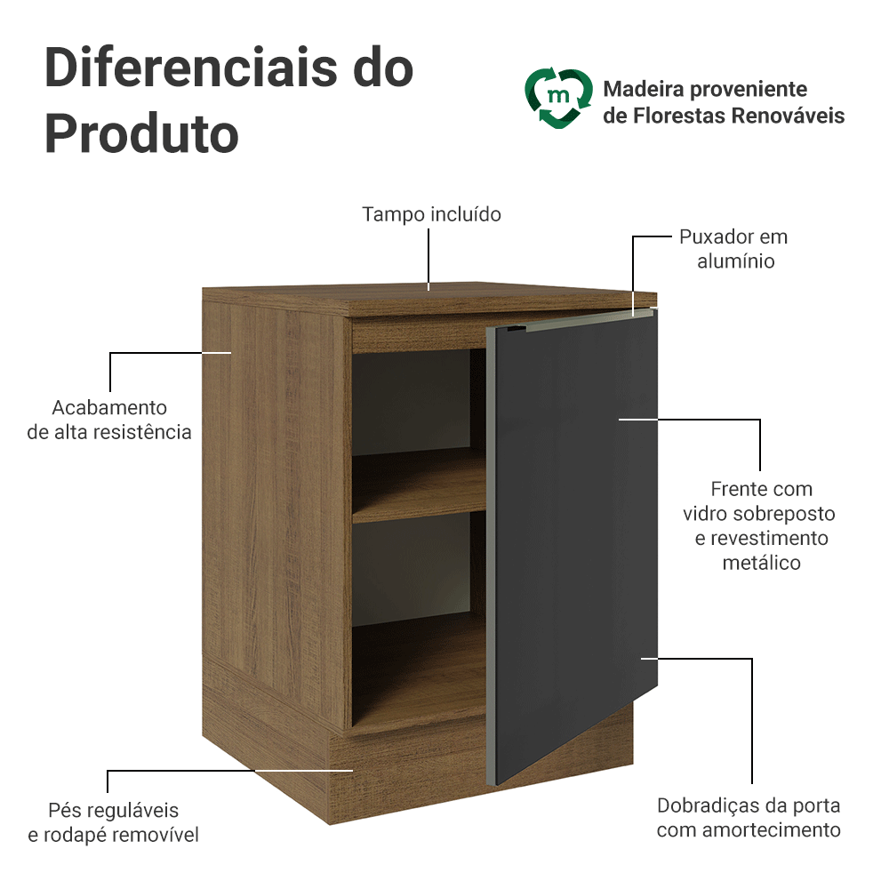 Balcão de Cozinha 60 cm 1 Porta Rustic/Preto Lux Madesa