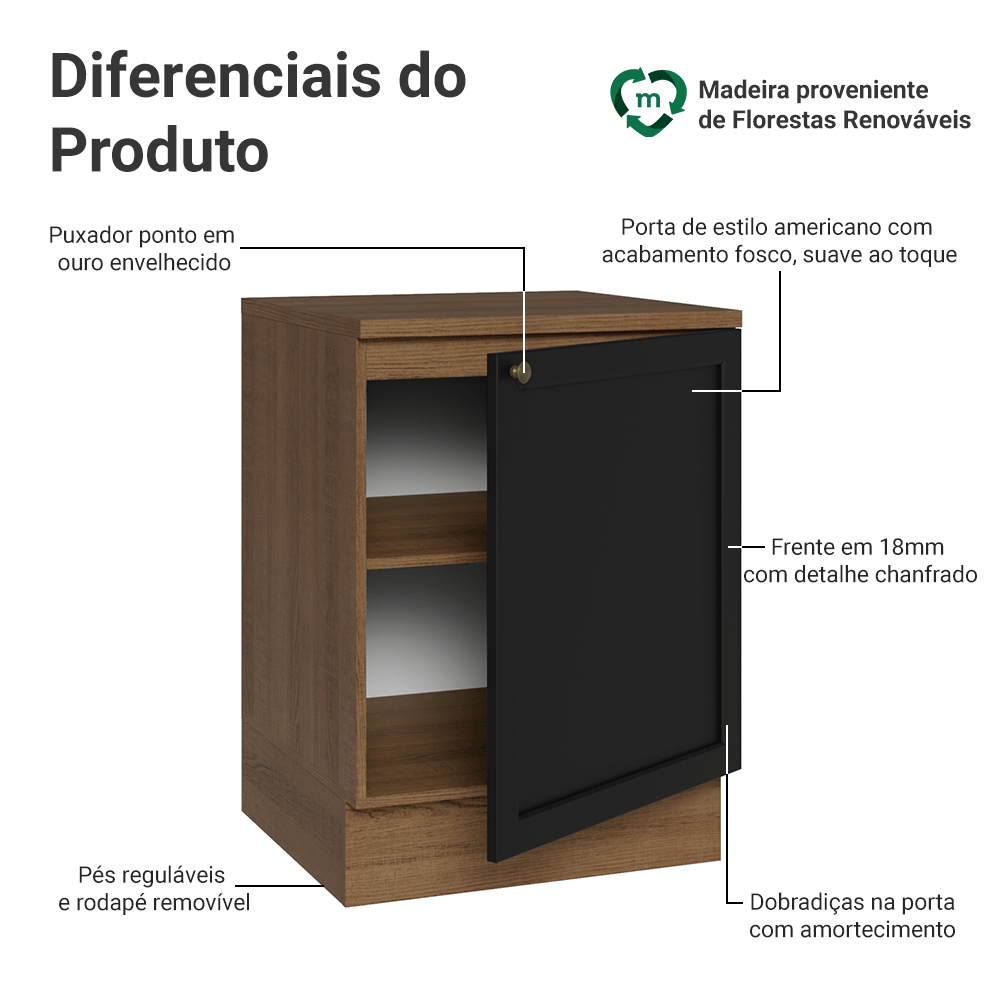 Balcão de Cozinha 60 cm 1 Porta Rustic/Preto Vik Madesa