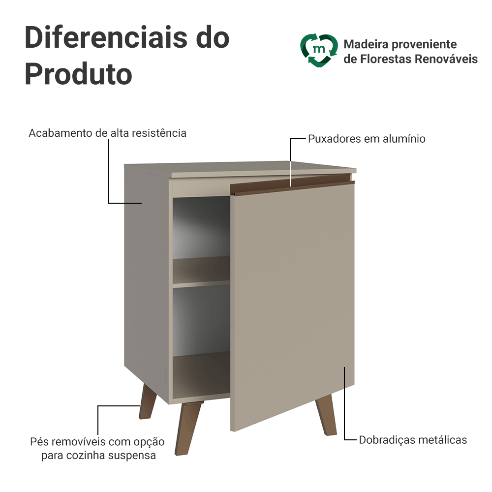 Balcão de Cozinha 60 cm 1 Porta Com Pés Crema Nice Madesa