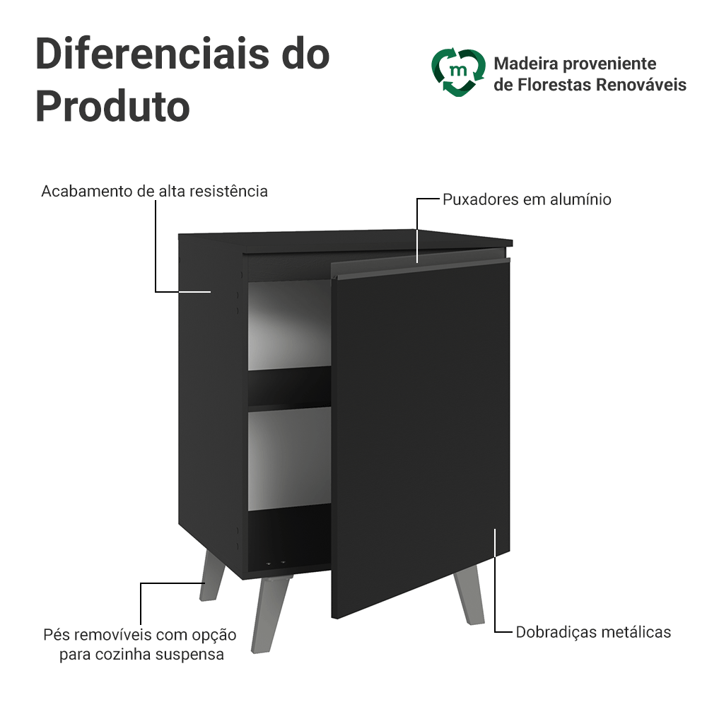 Balcão de Cozinha 60 cm 1 Porta Com Pés Preto Nice Madesa