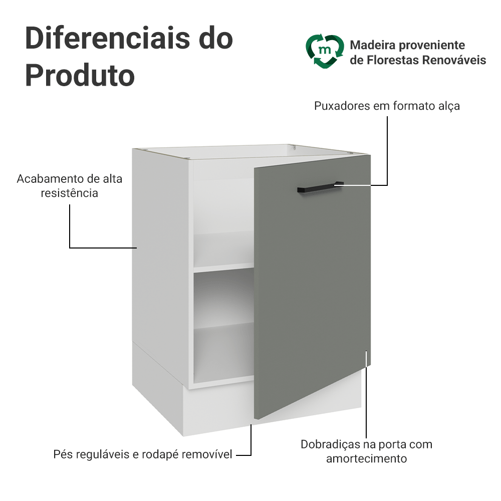 Balcão de Cozinha 60 cm 1 Porta (Sem Tampo) Branco/Cinza Agata Madesa